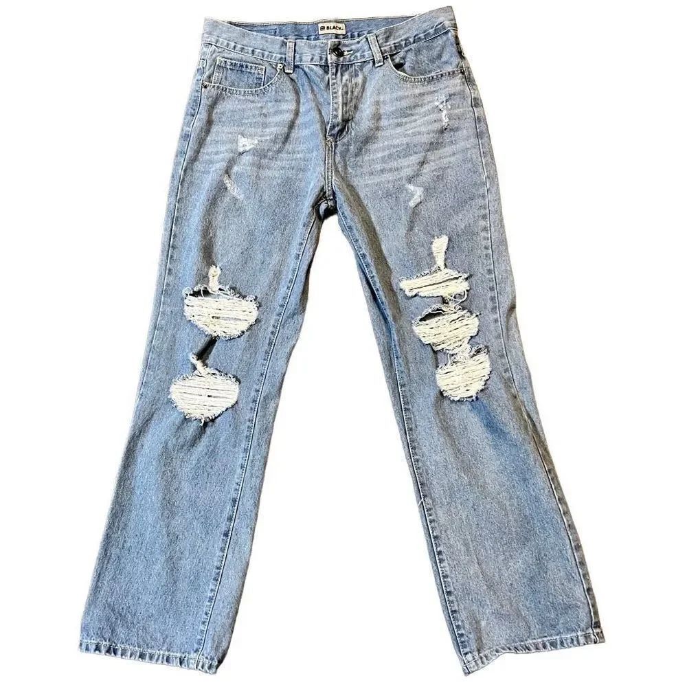 Black Relaxed Straight Distressed Jeans Size 32/30